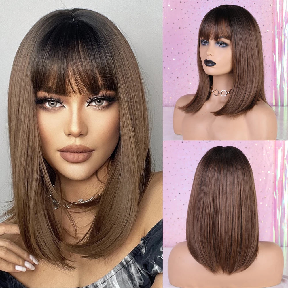 Short Straight Bob Synthetic Wigs with Bangs for Women Afro Ombre Black Brown Yellow Blonde Wigs Cosplay Party Daily Hair