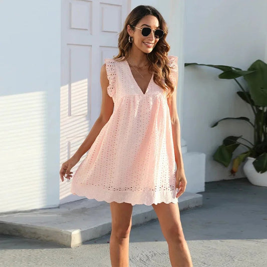 2022 Amazon Europe Cross-Border New Lace Jacquard Hollow V-Neck Dress Women'S Pocket Shorts Fabric Short Dress