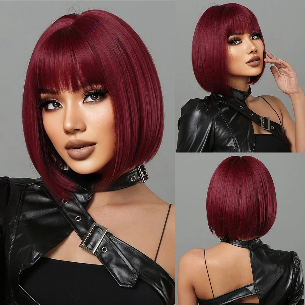 Short Straight Bob Synthetic Wigs with Bangs for Women Afro Ombre Black Brown Yellow Blonde Wigs Cosplay Party Daily Hair