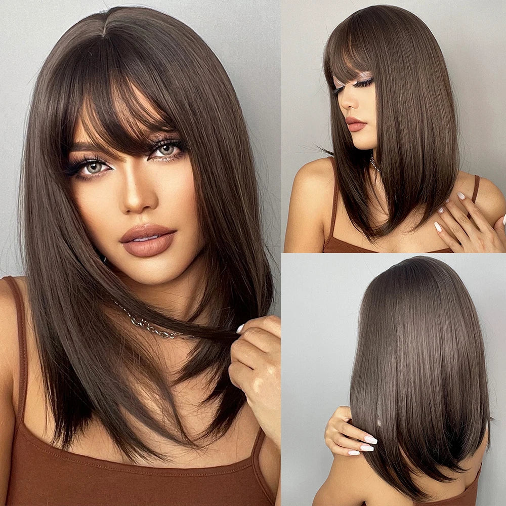 Short Straight Bob Synthetic Wigs with Bangs for Women Afro Ombre Black Brown Yellow Blonde Wigs Cosplay Party Daily Hair