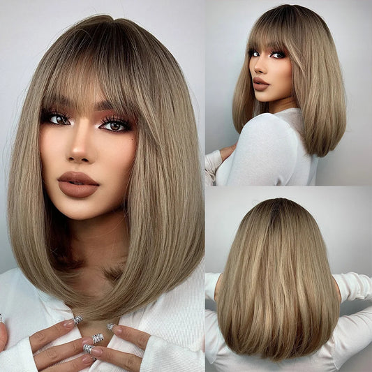 Short Straight Bob Synthetic Wigs with Bangs for Women Afro Ombre Black Brown Yellow Blonde Wigs Cosplay Party Daily Hair