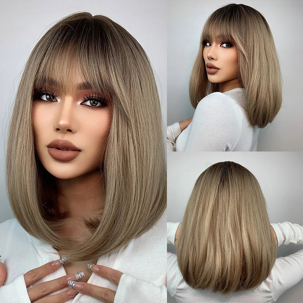 Short Straight Bob Synthetic Wigs with Bangs for Women Afro Ombre Black Brown Yellow Blonde Wigs Cosplay Party Daily Hair